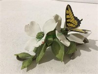 Bisque porcelain butterfly with dogwood leaves