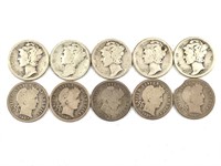 10 Silver Dimes, 5 Barber & 5  Mercury, US Coins