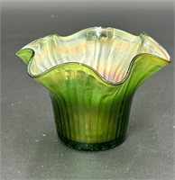CARNIVAL GLASS IRIDESCENT GREEN HAT VASE SMALL