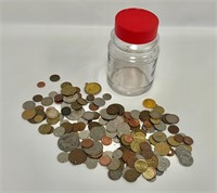 Coin collection in jar. Foreign + others.