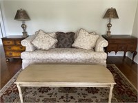 Beige Damask Sofa with Curved Arms and Fringe