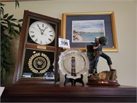 Clock, Navy statue (some damage on writing) &
