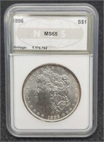 1896 slab Morgan Silver Dollar, NGS MS65