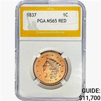 1837 Coronet Head Large Cent PGA MS65 RED