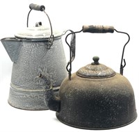 Antique Enamel Granitewear Gray Tea Pot & Coffee