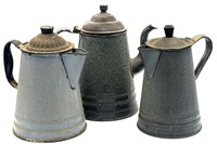 (3) Antique Enamel Granitewear Kettles, Coffee