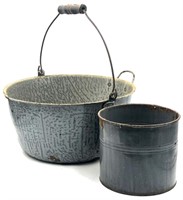 (2) Antique Enamel Granite Wear Gray Bucket Pots