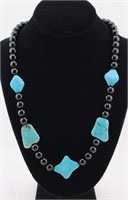 Turquoise and Onyx Necklace Sterling Silver Clasp