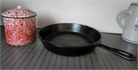 AGATE CANISTER, CAST IRON PAN