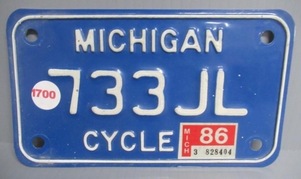 Michigan Cycle Plate. '86 Sticker.