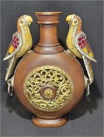 Bottle Vase w/ 2 Cockatiel Parrot Birds.