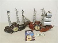 2 Vintage Wood & Metal Sailboat Mantle Clocks &