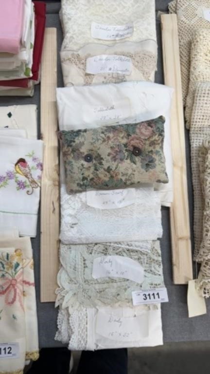Vintage tablecloth, doilies, and scarf