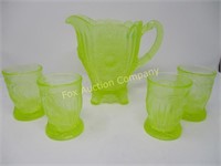 Vaseline Glass Pitcher with 4 Glasses