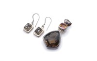 Smoky quartz set silver pendant & earrings
