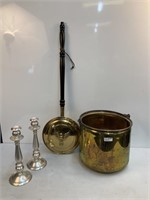 Lg Brass Bucket, Bed Warmer, Pr Metal Candleholder