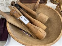Wooden Mixing Bowl, Butter Paddles & Mashers