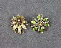 (2) Victorian 10K Gold & Enamel Flower Pins