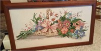 Cross stitch picture, Flower Basket framed