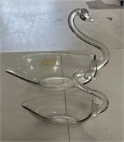 Pair of MCM Duncan Miller Clear Glass Swan Bowls