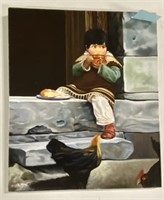 Oil on Canvas Mexican Boy W/Chickens signed Rivera