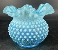 Fenton Blue Opal Hobnail Ruffle Vase Uv Reactive