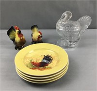 Glass turkey candy dish, pair of glass rooster