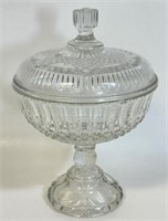 PRETTY HEAVY PRESSED GLASS COVERED COMPOTE