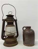 Barn Lantern & Stoneware Jug