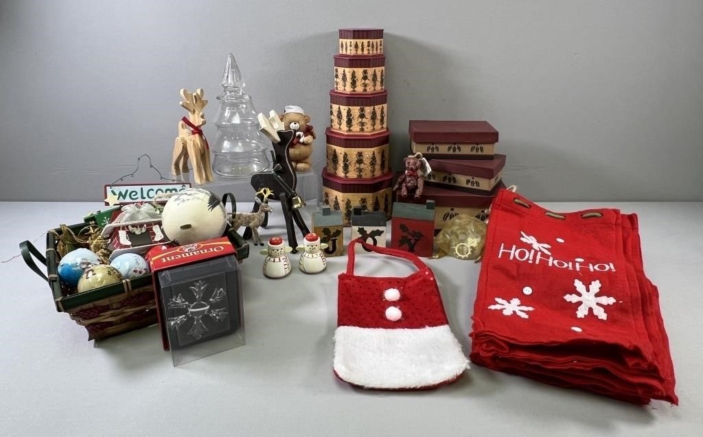 Christmas Boxes; Reindeer; Glass Tree; Ornaments;