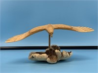 Wood carved eagle, 12" wingspan, stands 5.5" tall