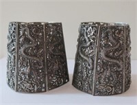 Pair Chinese pierced silver six panel Dragon cuffs