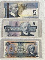3- Cdn $5 Bills- Mint (1979, 1986, 2008)