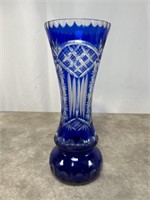 Crystal Cobalt Blue cut glass vase, 14 inches