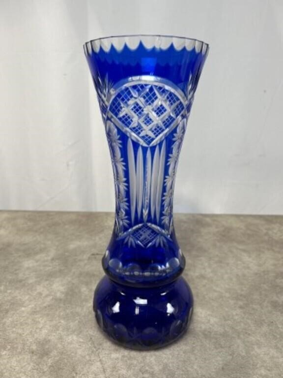 Crystal Cobalt Blue cut glass vase, 14 inches