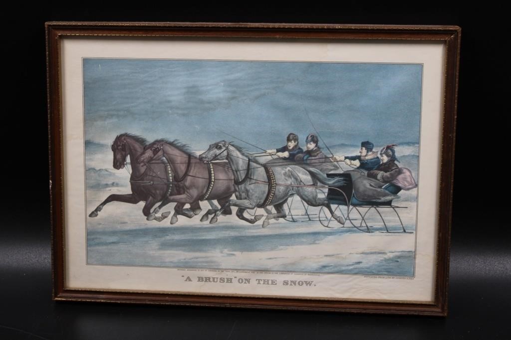 ANTIQUE PRINT "A BRUSH ON THE SNOW" CURRIER & IVE