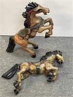 2 Carved Wood Rearing Horse Figurines