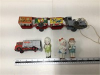 Matchbox truck, train and ceramic figures