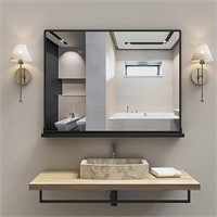 ANYHI Black Bathroom Wall Mirror with Shelf, 32" ×