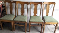 4 OAK DINING CHAIRS W/ UPHOLSTERED SEATS
