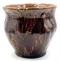 Vtg. Deep Brown Glaze Stoneware Decorative Vase