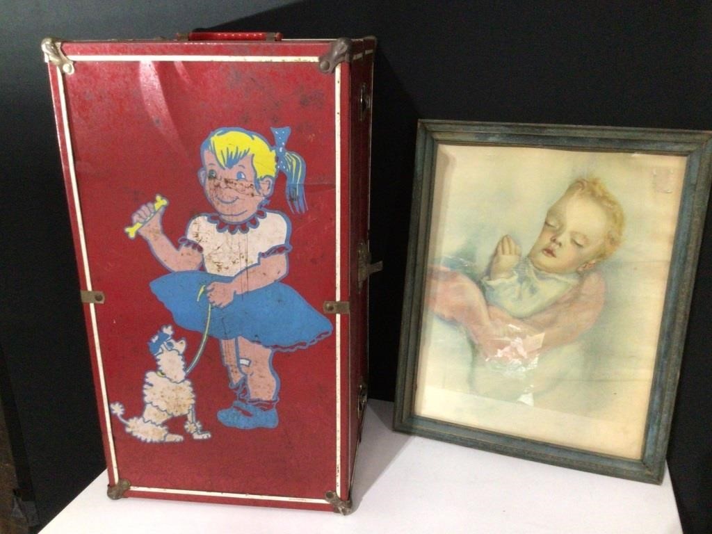 Vintage Doll Suitcase & Baby Picture 16”x12” Lot