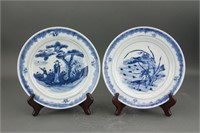 Pair Chinese Exported B&W Porcelain Plate 2Ring Mk