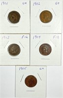 (5) Indian Head Cent Lot 1901,1902,1903,1904,1905