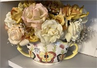 Silk flowers in ceramic butterfly container 10” T