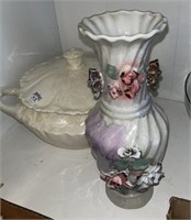 Lot of 2 iridescent pieces. Vase 12”T, bowl 8” T