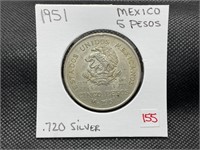 1951 MEXICO 5 PESOS COIN .720 SILVER