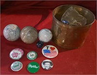 Decorative Round Stones, Tin of Button Pins