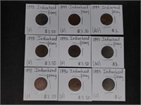 Lot of 9 Indian Head Pennies: 2-1898, 2-1899,