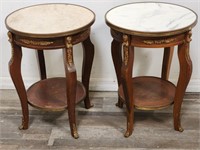 2 vintage Louis XVI-style marble-top end tables